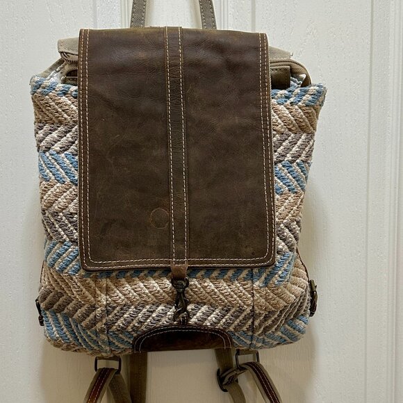 Myra Bag Backpack Brown Leather Canvas Macrame Textile Tote Boho Up Cycle Bag - Picture 2 of 16